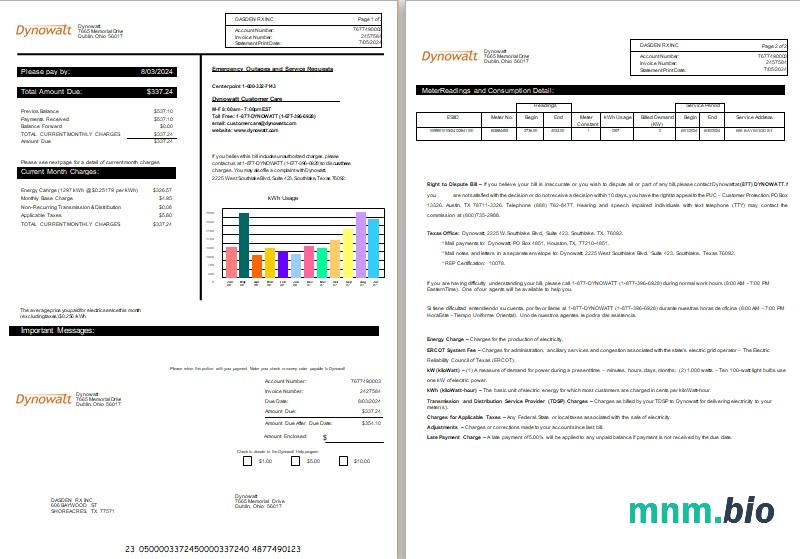 New York Dynowatt electricity rachunek za usługi komunalne formaty Word i PDF, 2 strony